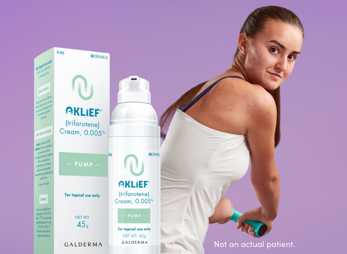 AKLIEF® (trifarotene) Cream, 0.005% product packaging box and bottle next to teen female swinging tennis racket
